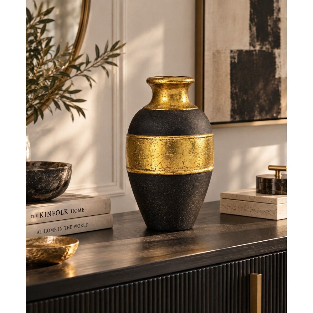 Large Black Gold Ceramic Vase 12" Tall Heavy Sculptural Modern Home Decor
